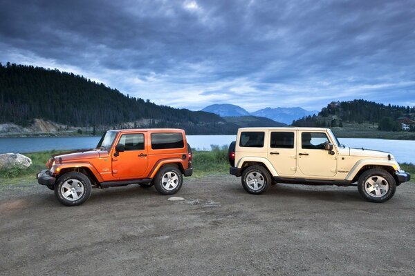 Two jeeps on the background of nature