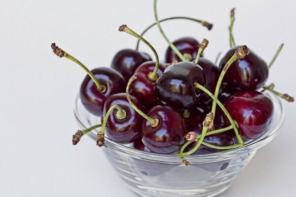 Cerezas maduras en un cuenco de cristal