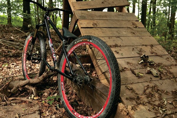 Street Bike en el bosque apoyado contra una rampa de salto rota