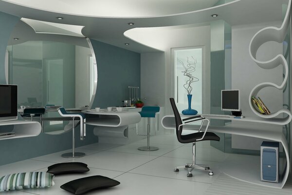 Futuristic office in cool colors