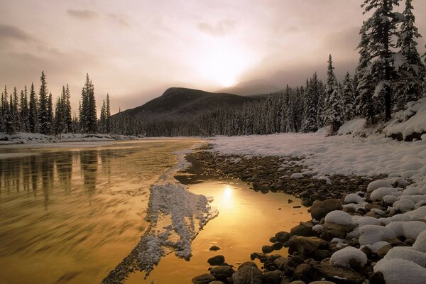 Fiume di montagna innevato invernale