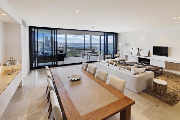 Bright living room with panoramic window