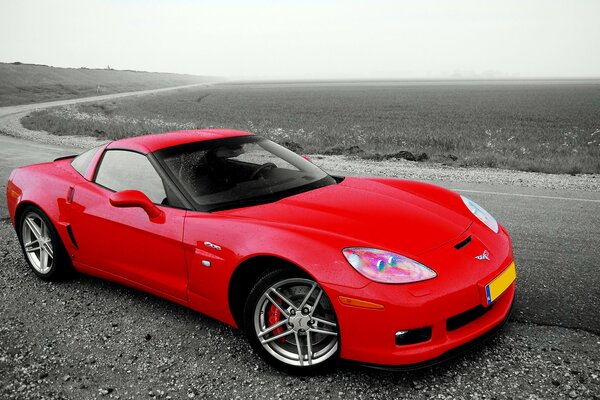 Red car on a black and white background