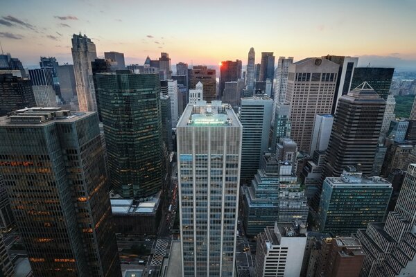 Sunset of America on the background of the city