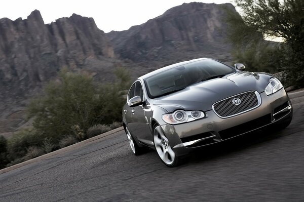 A picture of a gray jaguar car on the background of mountains