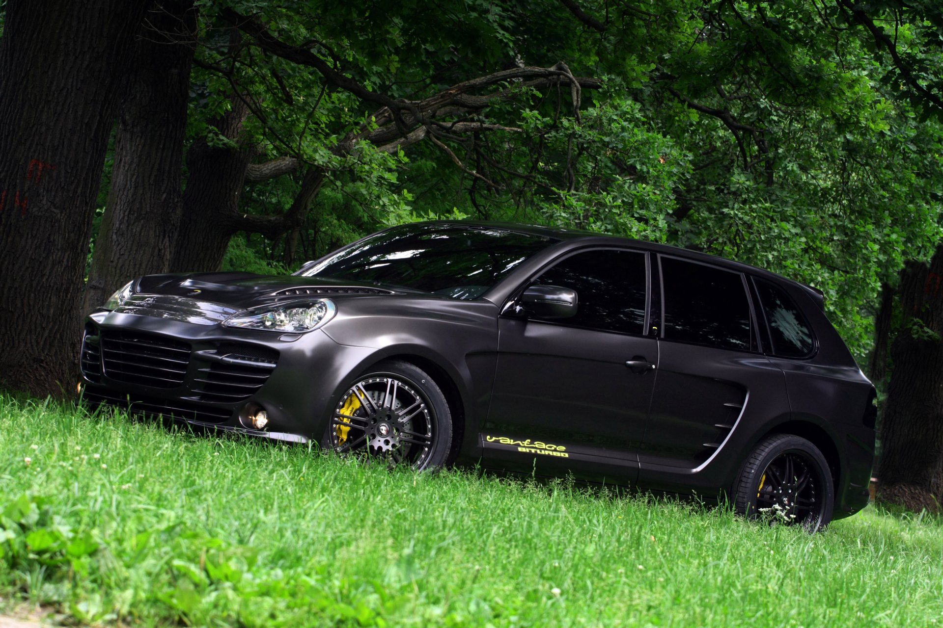 porsche cayene vantage gtr nero erba alberi parco