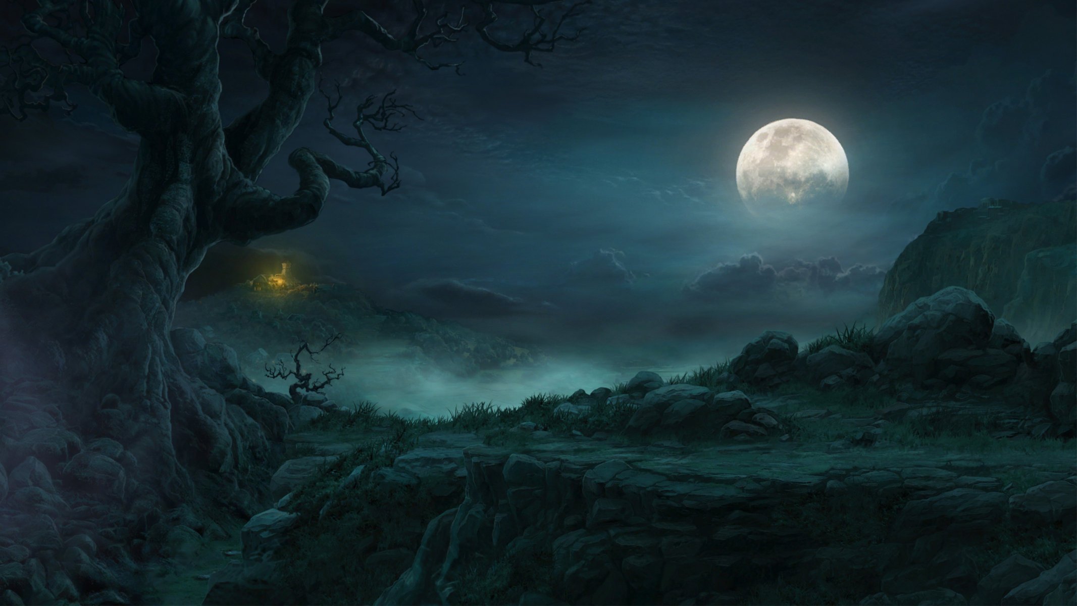 diablo 3 lune cabane paysage nuit nuages arbre rochers