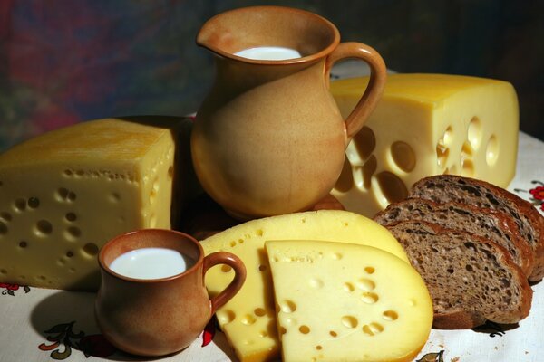 Still life with rustic bread and cheese