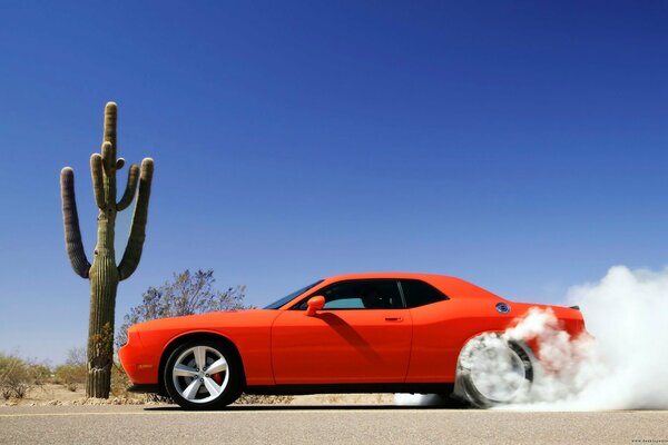 Naranja dodge Challenger naranja en el desierto