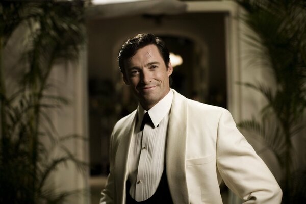 Hugh Jackman in a white suit