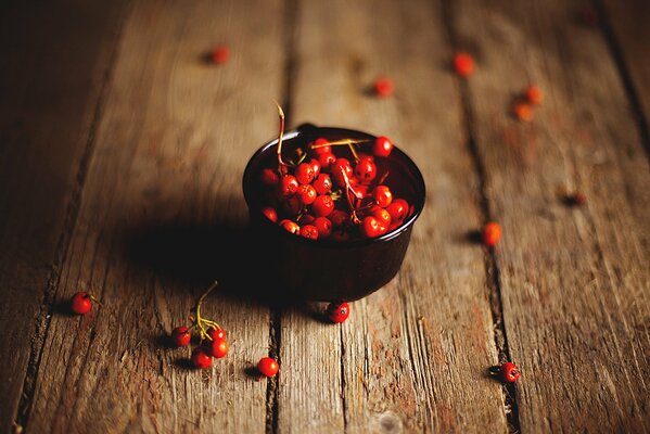 Baies de sorbier rouge dans un bol noir sur bois