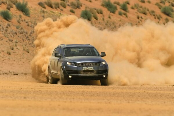 Desert with an Audi car in a skid. Dust cloud