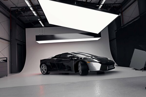 Ein grauer, glänzender Lamborghini ist im Hangar abgestellt