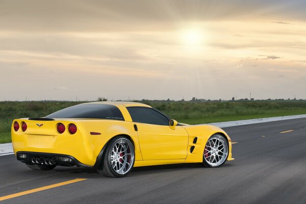 Chevrolet Corvette amarillo posando en la carretera