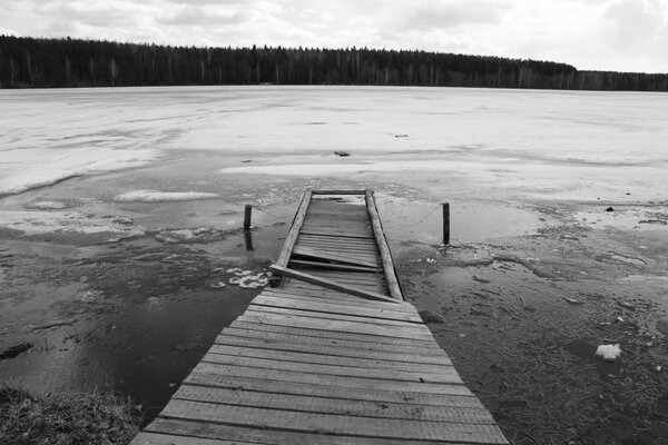 Alte Fischerbrücke auf einem zugefrorenen Teich mit Blick auf den Wald in Schwarz und Weiß