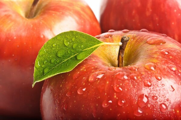 Gotas de agua en una manzana roja con una hoja