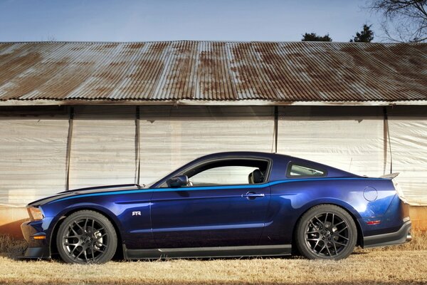 Niebieski Mustang błyszczy w słońcu na zewnątrz