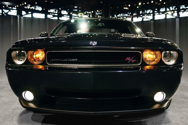 Black shiny Dodge challenger car in the garage