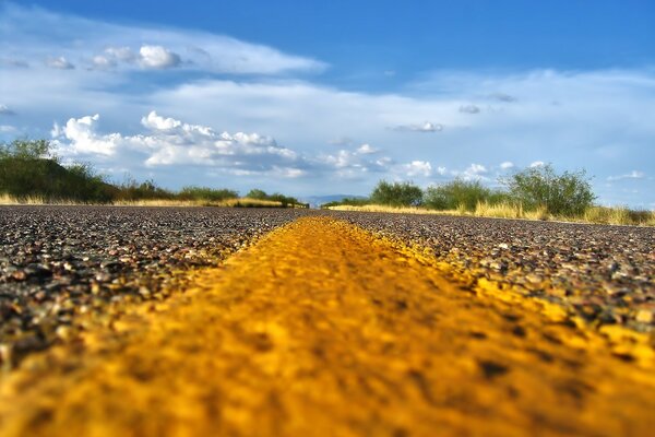 Paisaje marcado amarillo de la carretera con vistas al campo