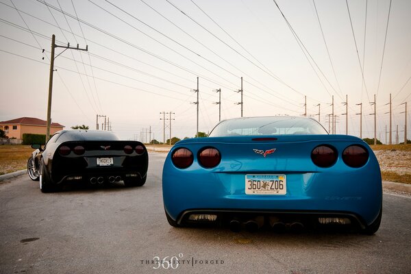 Black and blue corvette on the road