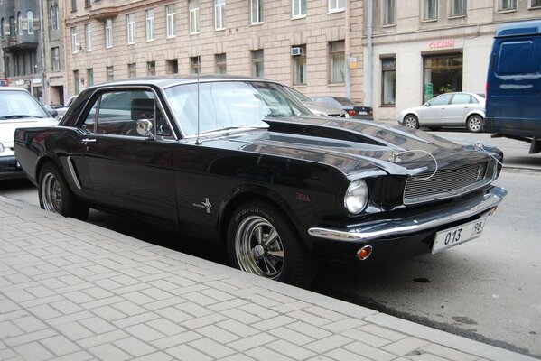 Rzadki Ford Mustang na tle domów w Petersburgu