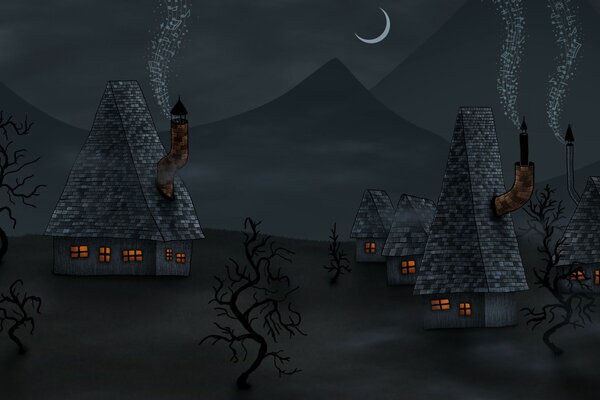 Eine Mühle in einem gemalten Nachtdorf, in dem Licht in den Häusern brennt und Rauch aus den Rohren herauskommt