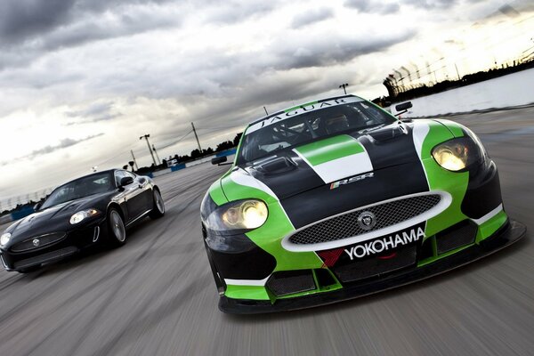 Jaguar de carreras en la pista en el tráfico