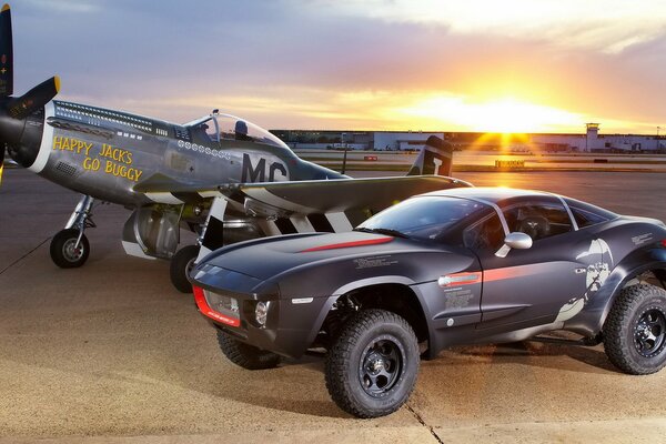 Sunset in the jeep airplane field