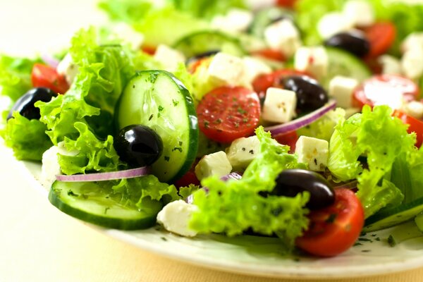 Greek salad of cheese, cucumbers and olives