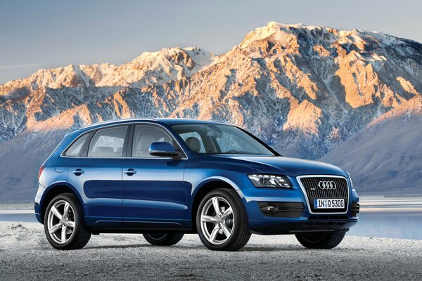 On the background of mountain rocks - a blue Audi SUV