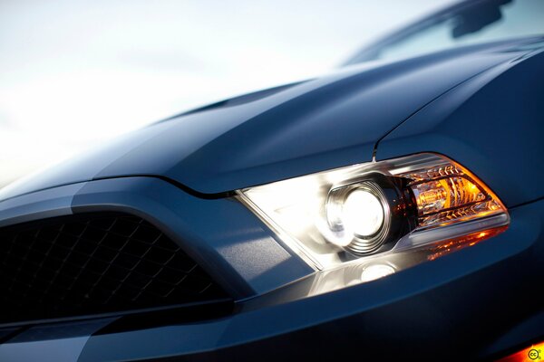 View of the Shelby Mustang headlights up close