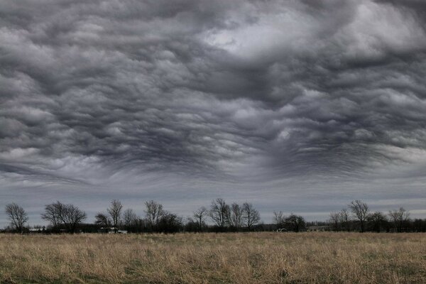 Bewölkte Wolken vor dem Hintergrund eines Sturms im Feld