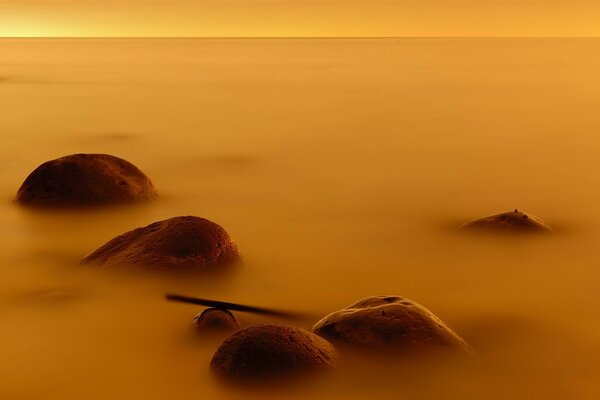 Каменистый берег в желтом тумане на рассвете