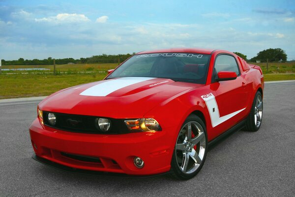 Ford Mustang rojo en la naturaleza