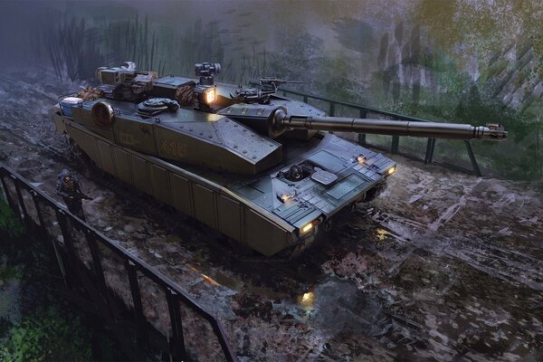 A military tank rides over a bridge