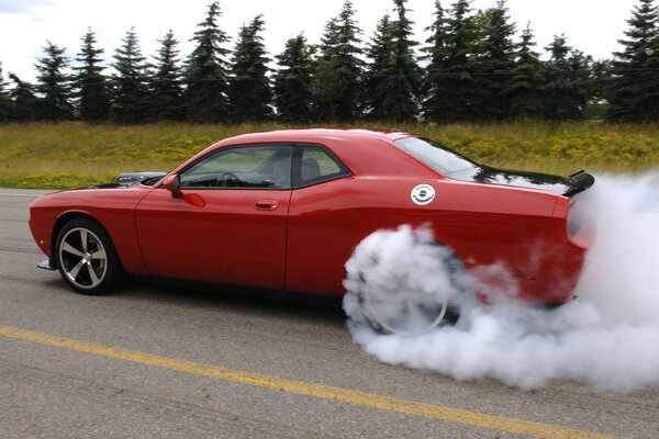 Roter dodge challenger im Rauch auf der Straße im Wald