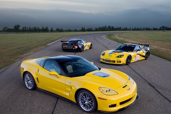 Three yellow Chevys on the road in the field