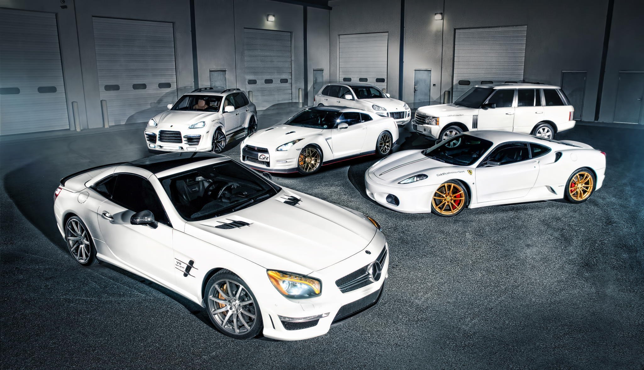 mercedes-benz sl-klasse sl ferrari f430 nissan gt-r porsche cayenne land rover range rover blanc