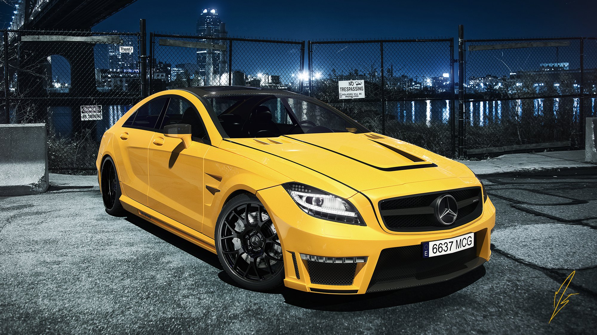 mercedes-benz cls63 amg żółty nigth jasny samochody