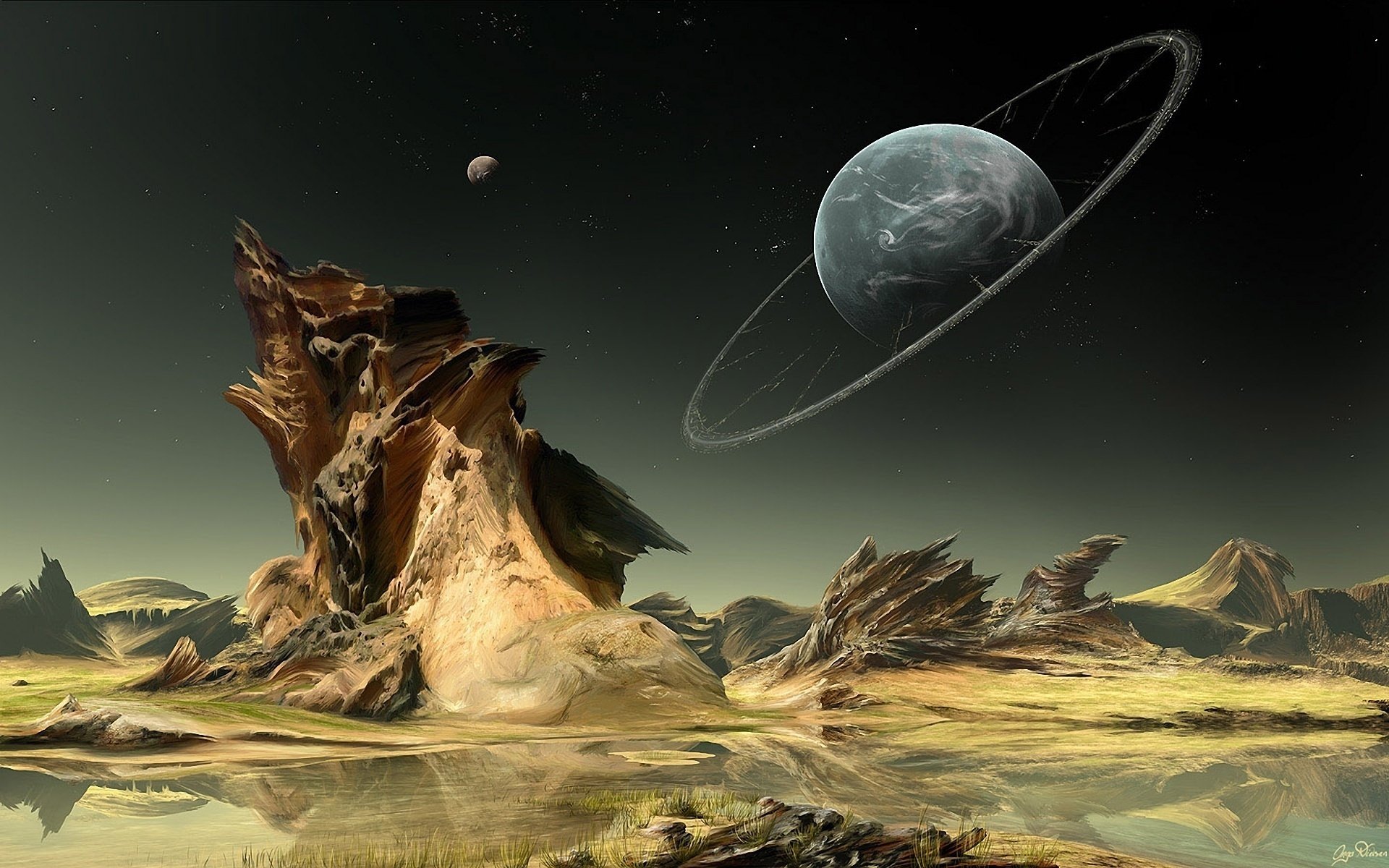 felsen wasser planet see landschaft sterne ringe