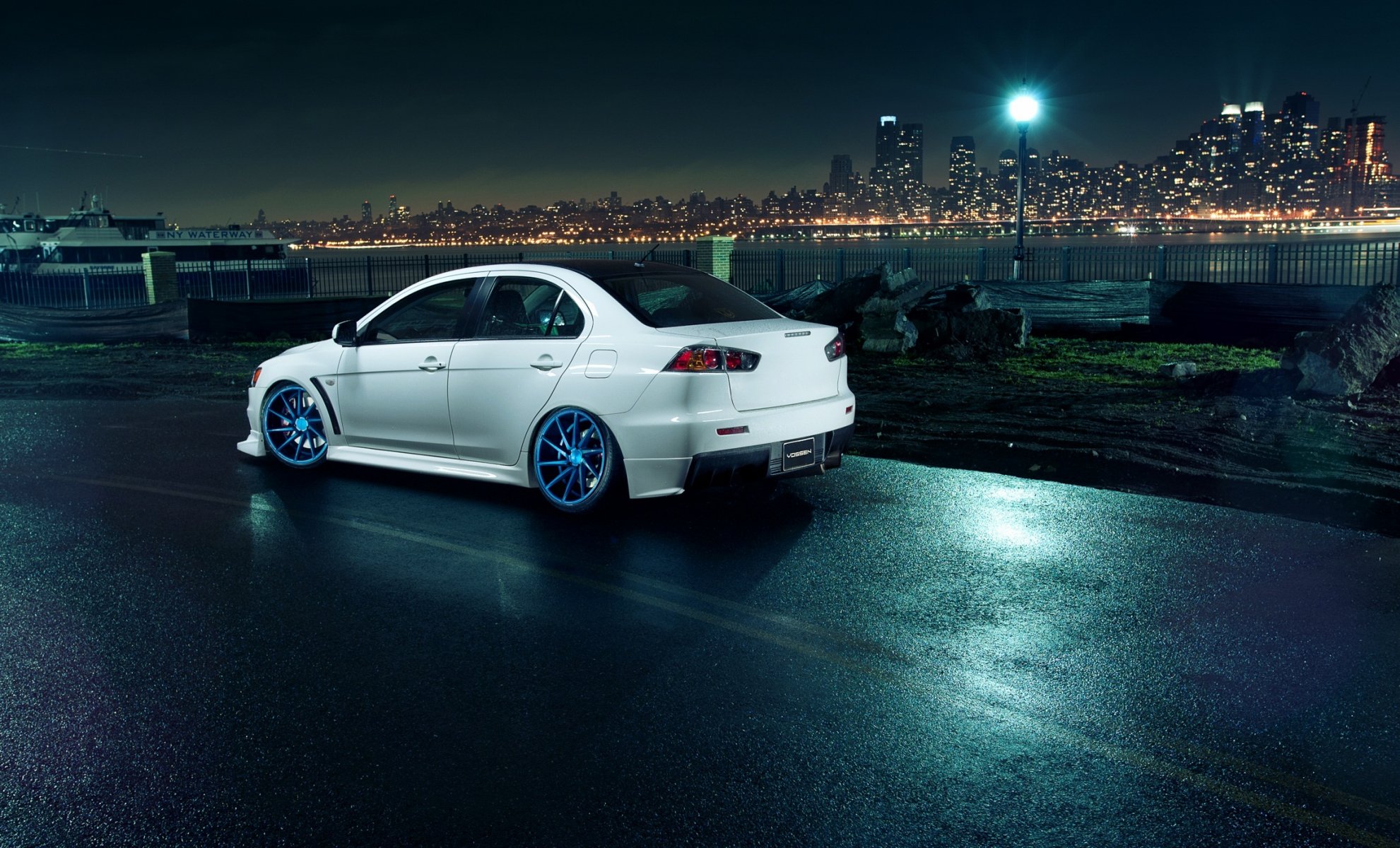 mitsubishi profesión evolución x ruedas vossen blanco trasero mitsubishi lancer evolución linterna ciudad metrópolis noche