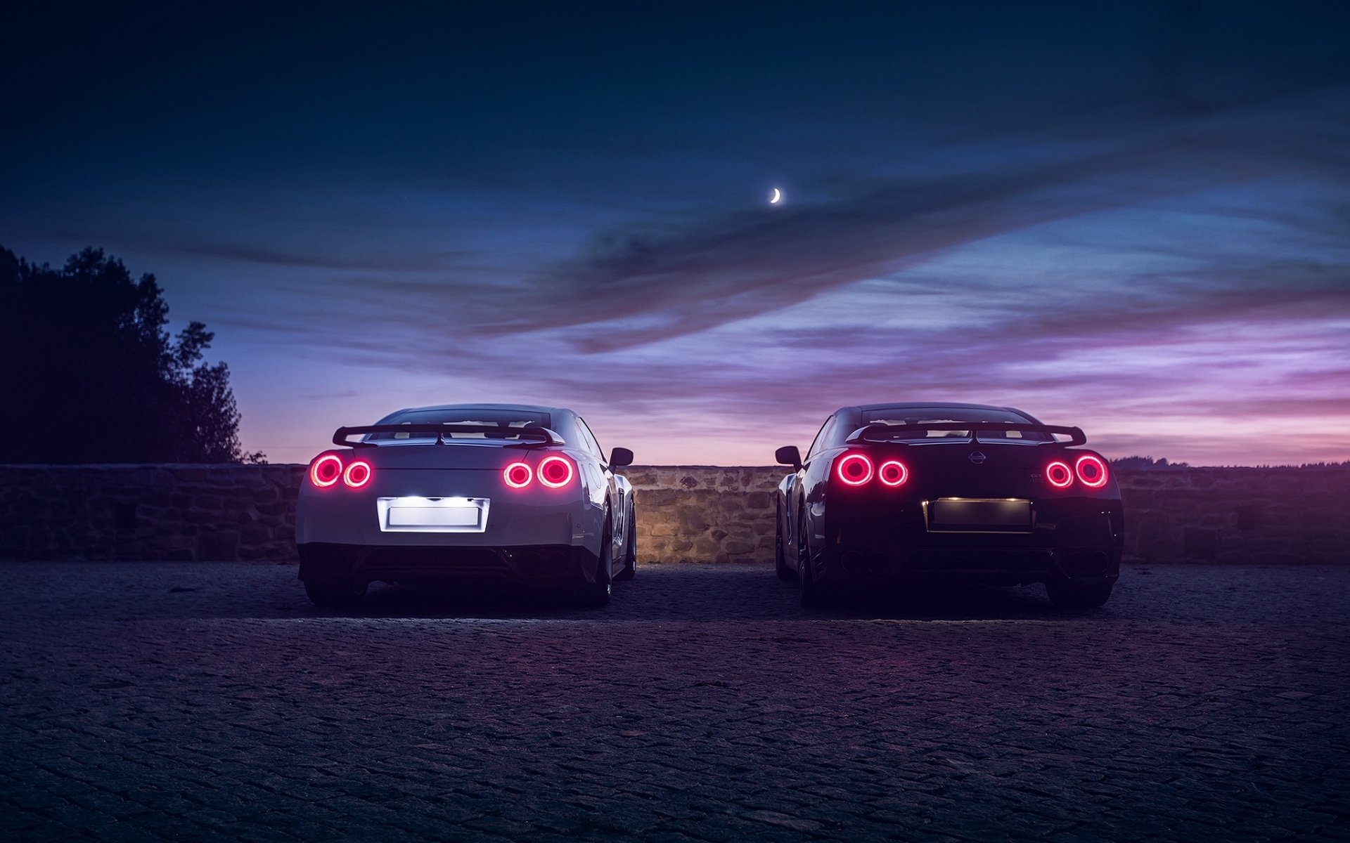 nissan r35 gtr schwarz weiß lichter nigth hinten mond himmel