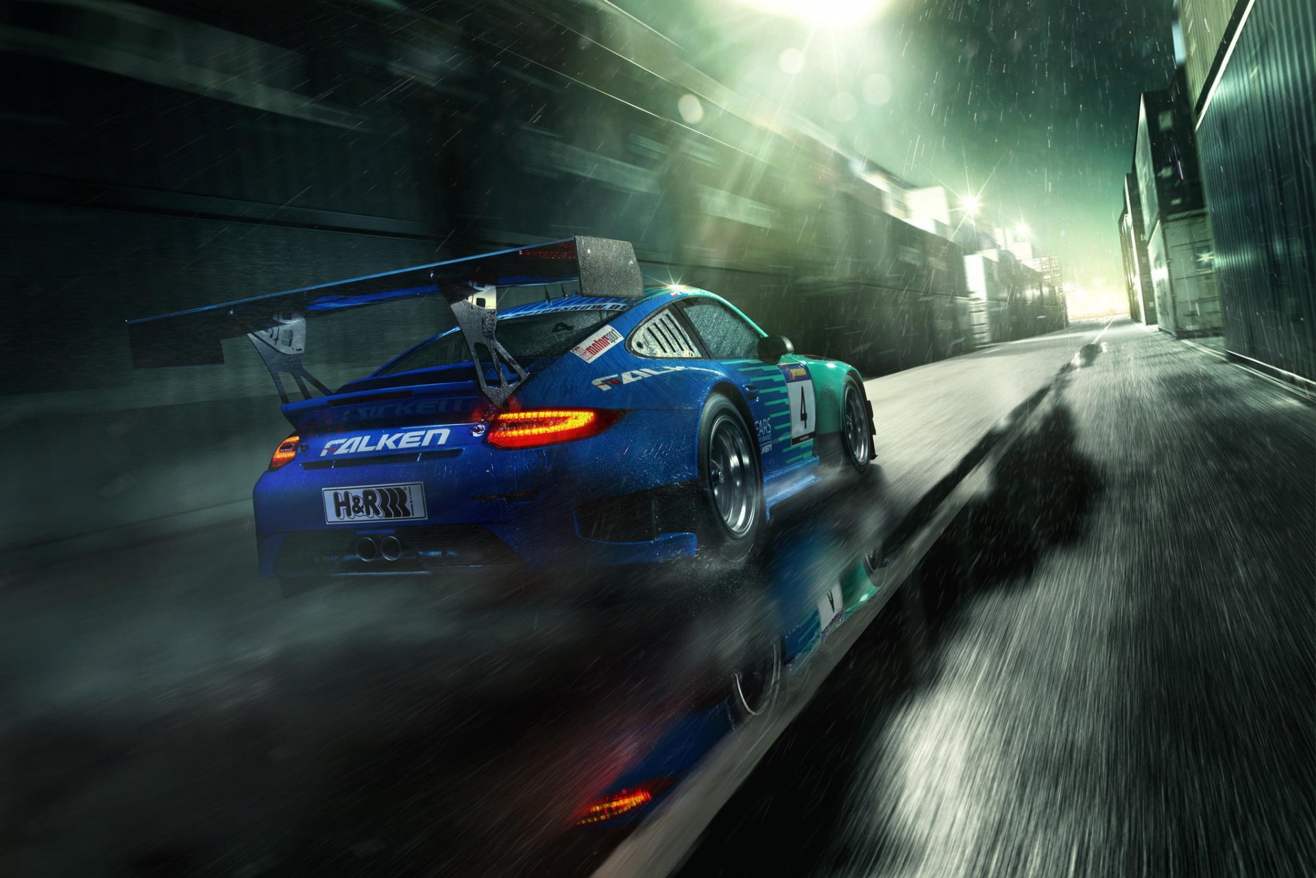 porsche 911 gt3 rsr falken motorsport arrière porsche conteneurs pluie gouttes