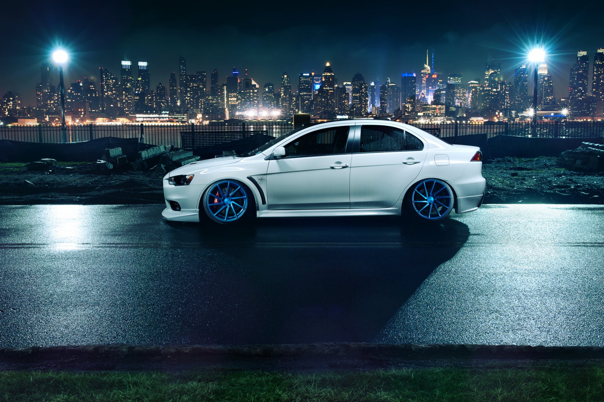 mitsubishi profession evolution x fossen wheels white profile mitsubishi lancer evolution lanterns city metropolis night