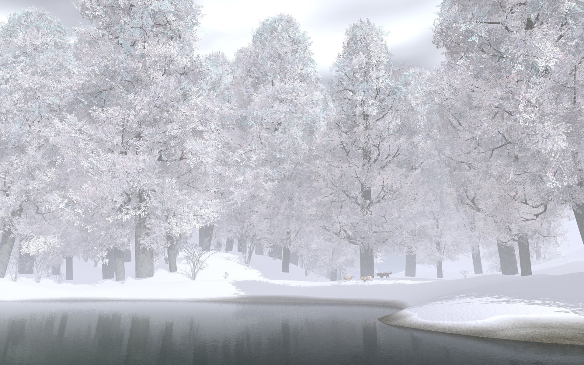 winter snow forest wolves trees lake