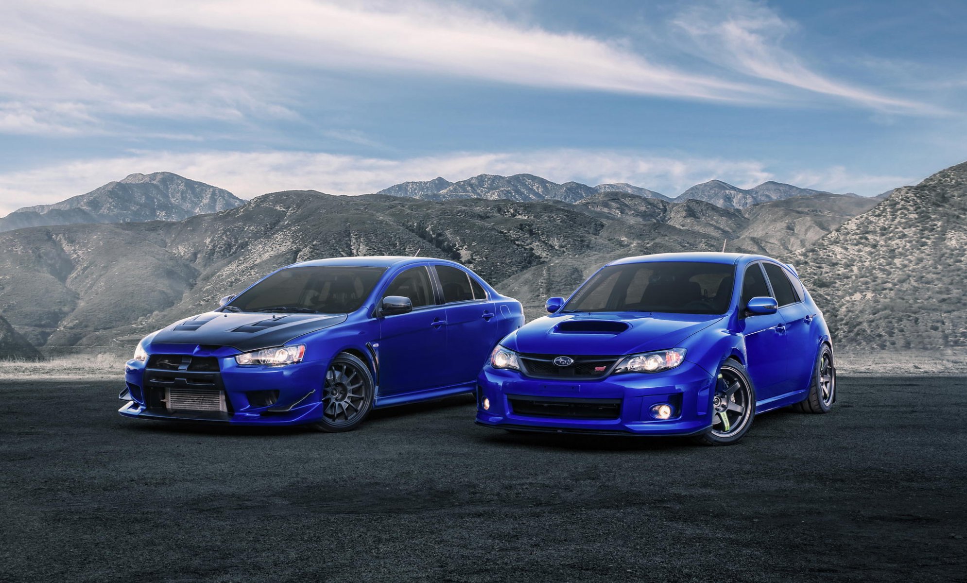 mitsubishi beruf evolution x subaru impreza sti blau vorne