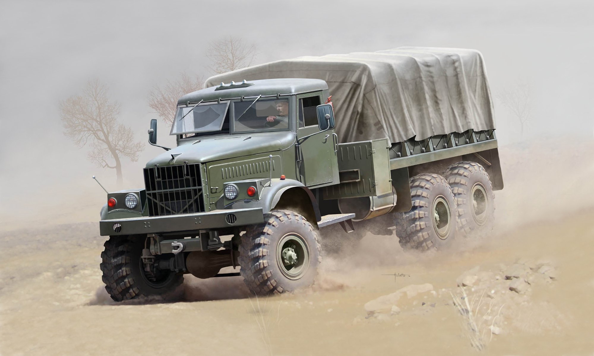 art kraz-255 truck car all-terrain vehicle wheeled formula 6x6 . production serial kremenchug automobile factory powerful economical motor yamz-238 wide-profile tires system regulation pressure ussr artist vincenzo auletta