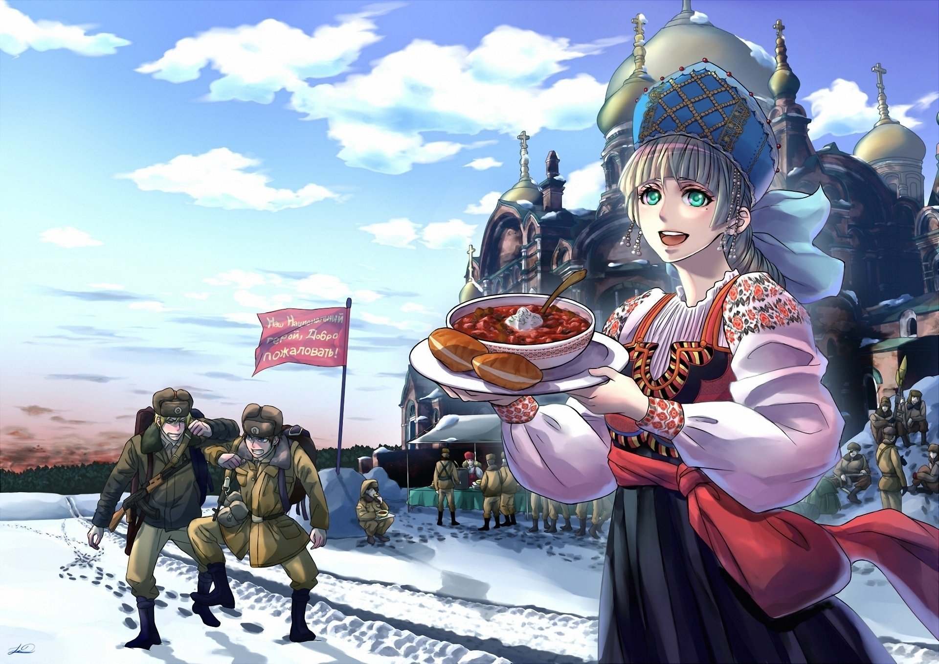 food guys girl soup temple russia flag war