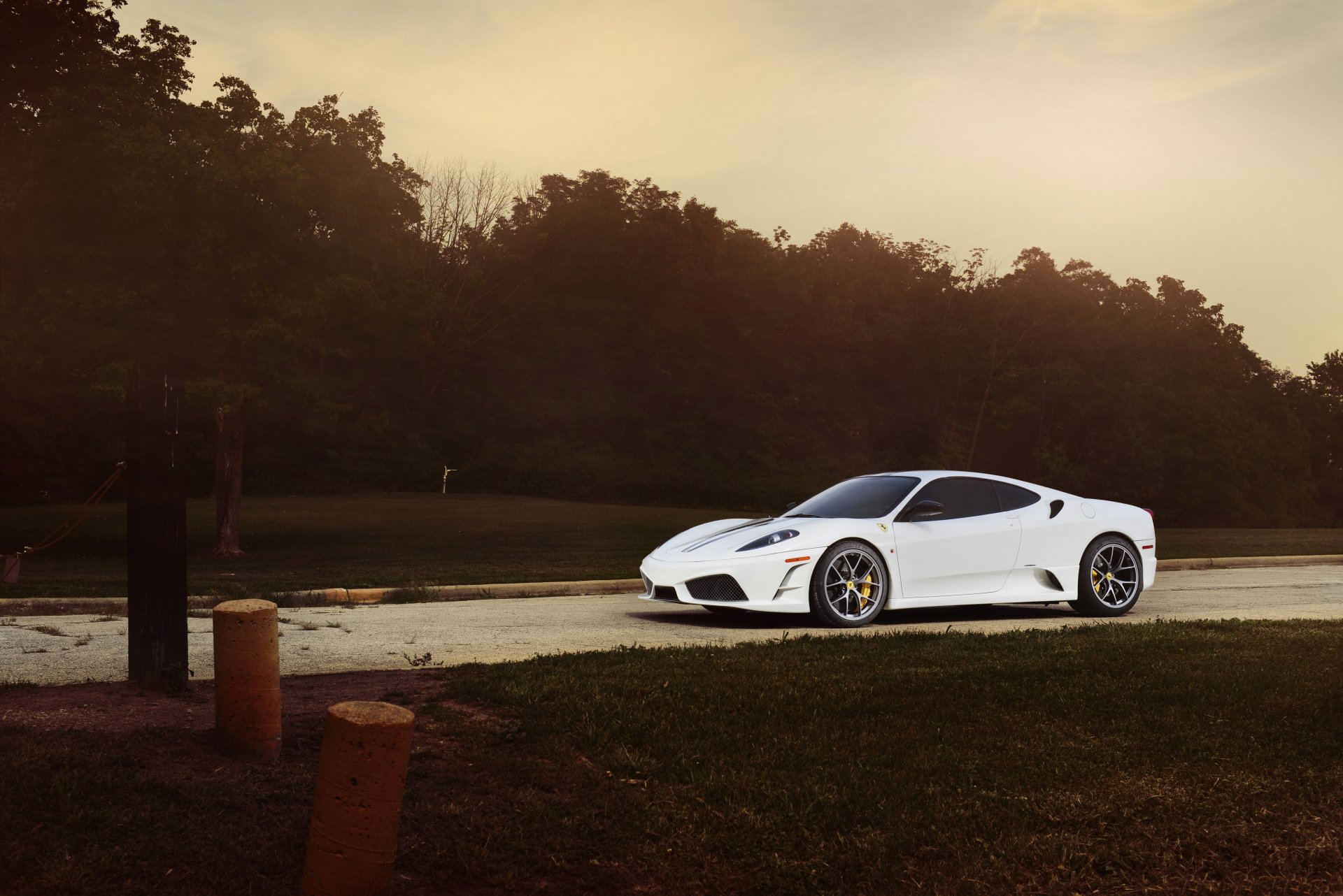 ferrari f430 scuderia white sunset ferrari f430 scuderia road trees poles cable sky evening