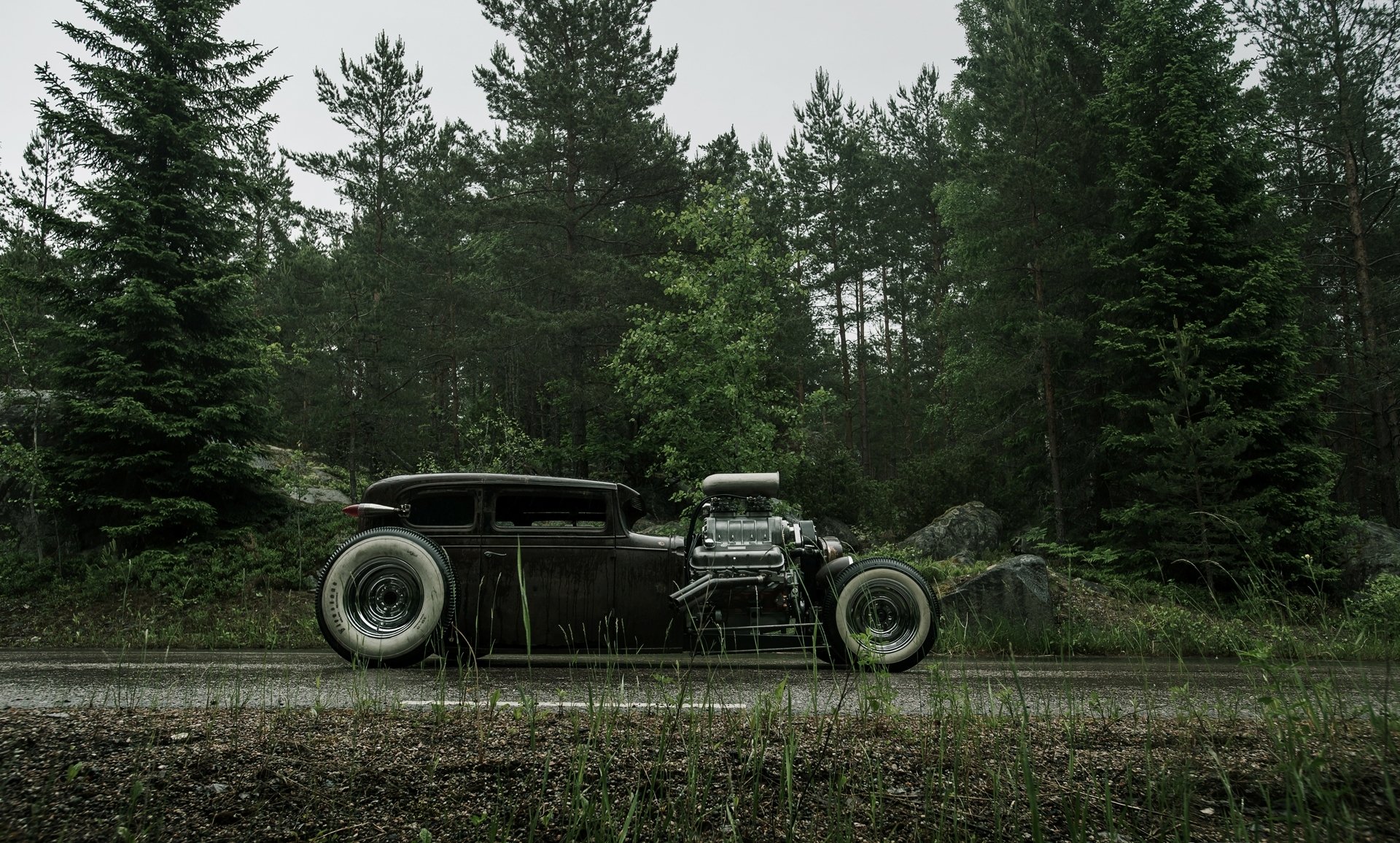 chevrolet chevy hot rod rat rod v6 540ci on the side shoulder wet road forest